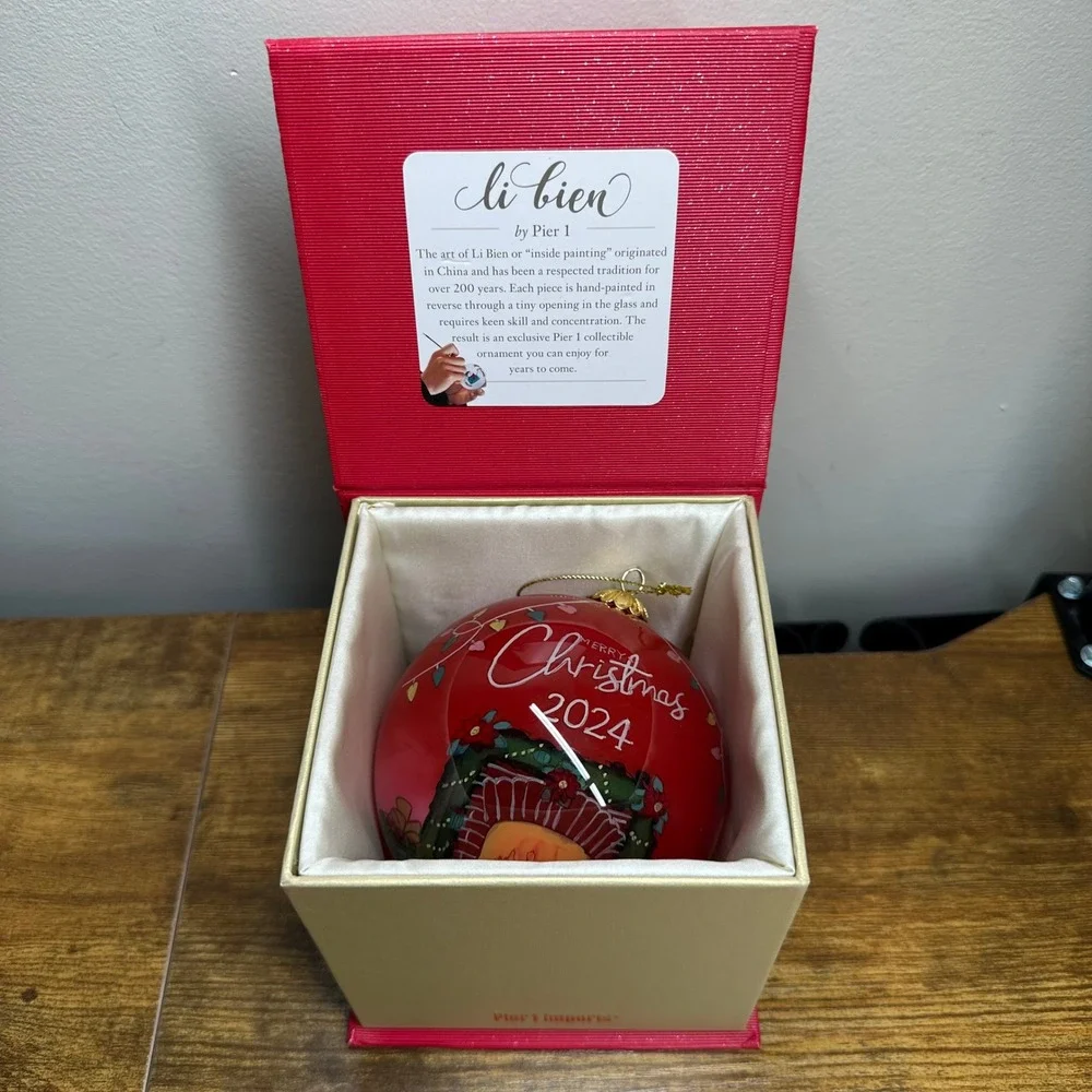 Pier 1 Li Bien 2024 Christmas Ornament Hand Painted Glass Santa Snowman Red Box